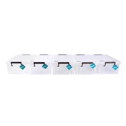 Set van 5 Stuks Stapelbare Grote Witte Opbergboxen van Plastic met Klikdeksel - Afmetingen: 39.5cm x 25.5cm x 15cm - Inhoud: 10L