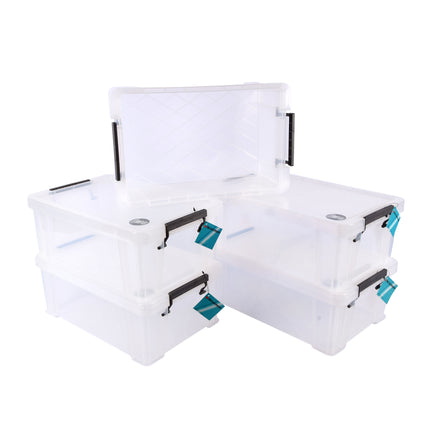 Set van 5 Stuks Stapelbare Grote Witte Opbergboxen van Plastic met Klikdeksel - Afmetingen: 39.5cm x 25.5cm x 15cm - Inhoud: 10L