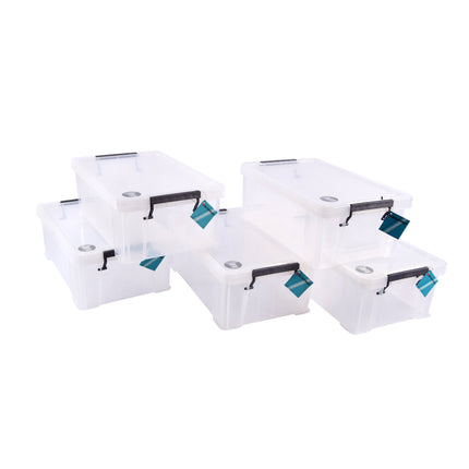 Set van 5 Stuks Stapelbare Grote Witte Opbergboxen van Plastic met Klikdeksel - Afmetingen: 39.5cm x 25.5cm x 15cm - Inhoud: 10L