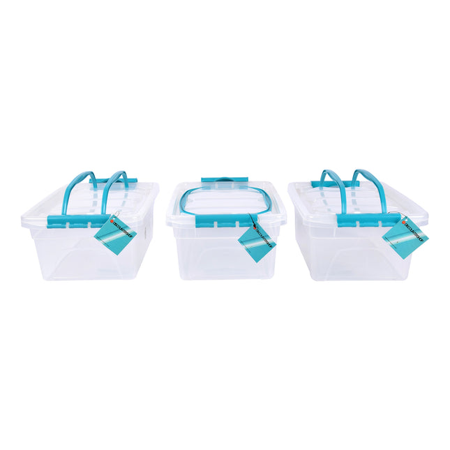 Set van 3 Stijlvolle Stapelbare Opbergboxen met Deksel - Transparant & Sky Blauw - 30cm x 20.5cm x 12.5cm - 5L – Kunststof