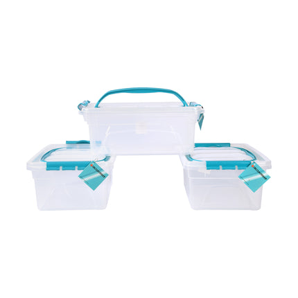 Set van 3 Stijlvolle Stapelbare Opbergboxen met Deksel - Transparant & Sky Blauw - 30cm x 20.5cm x 12.5cm - 5L – Kunststof