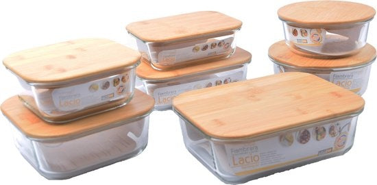 Set van 7 Glazen voorraad/vershoud bakje bamboe - Luchtdicht - Kwaliteit - Bewaarbakjes ovenbestendig glas
