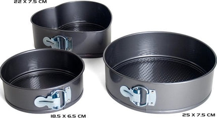 Springvorm anti-aanbak 3 delig - Vierkant Ø 26 cm - Rond Ø 25cm - Hart Ø 22 cm