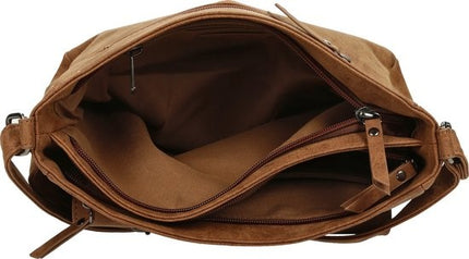 Bicky Bernard Dames Schoudertas Camel - Crossbody Tas met Dubbele Ritssluiting - Ruim Hoofdvak & Voorvakken - Verstelbare Schouderriem