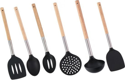 Keukengerei set van 6 stuks - Set Keukengerei -bakspatel 34 cm hout rvs - opscheplepel 34 cm hout zwart - schuimspaan 34 cm hout staal - schuimspaan 34 cm hout rvs - schuimspaan 34 cm hout rvs- schuimspaan 34 cm hout rvs