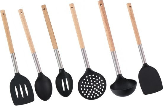 Keukengerei set van 6 stuks - Set Keukengerei -bakspatel 34 cm hout rvs - opscheplepel 34 cm hout zwart - schuimspaan 34 cm hout staal - schuimspaan 34 cm hout rvs - schuimspaan 34 cm hout rvs- schuimspaan 34 cm hout rvs