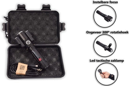 LED Zaklamp Oplaadbaar - Opbergkit - IPX-6 Water resistent - 1000 Lumen - Zwart - Militaire LED Zaklamp