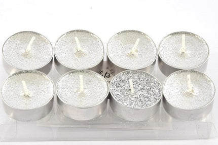 Glitter Waxinelichtjes 8 Uur – Theelichtjes Set 8 stuks – Goud, Zilver & Noir – Lange Brandduur – Tafeldecoratie