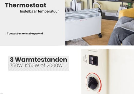 Discountershop Elektrische Convector Kachel - 750 /1250 / 2000 Watt - Verstelbare Thermostaat - Wit