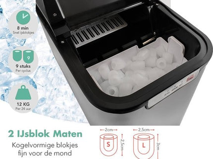 Discountershop® IJsblokjesmachine - 2 Liter - 6-8 Min. - 12kg/24u - IJsblokmaker met IJsschep - Zilver