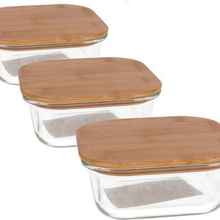 3x Glazen voorraad/vershoud bakje bamboe deksel 1100 ml - Bewaarbakjes ovenbestendig glas 
