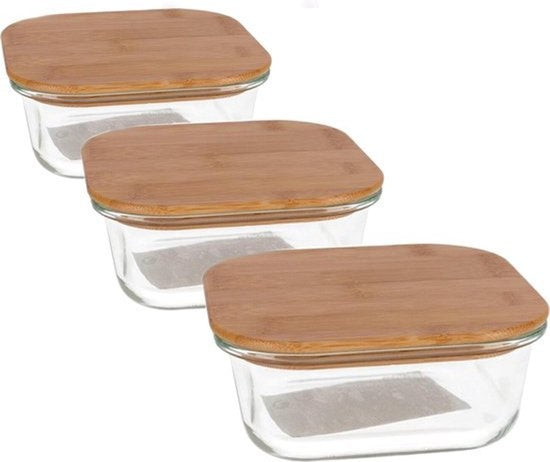 3x Glazen voorraad/vershoud bakje bamboe deksel 1100 ml - Bewaarbakjes ovenbestendig glas 