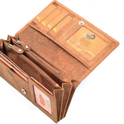 4East® Vintage Leren Dames Portemonnee |Cognac | RFID |Stoer Leer Portemonnee Huishoud portemonnee | Dames | Harmonica portemonnee | buffelleer Portemonnee | Overslag portemonnee