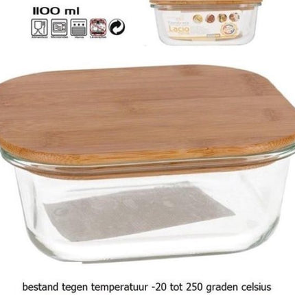 3x Glazen voorraad/vershoud bakje bamboe deksel 1100 ml - Bewaarbakjes ovenbestendig glas 