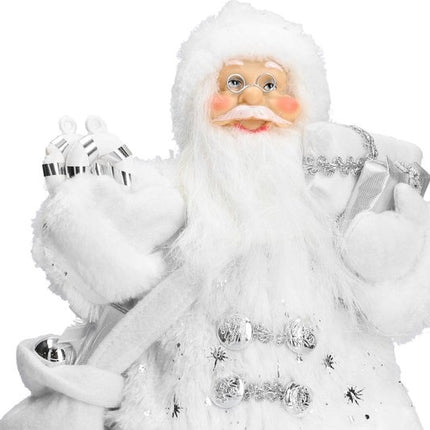 Vrolijk Kerstman tas vol cadeautjes | witte kerstman | Tafeldecoratie | winterdecoratie |Kerstpop figuur| van muts tot bodem 37cm