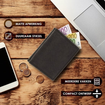  Leren Portemonnee Heren en Dames - Met Vierkant Muntvak en RFID Bescherming - Zwart - 9,5 x 7,5 cm - 6 Kaartvakken - 2 Biljetvakken