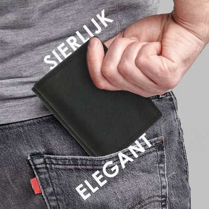  Leren Portemonnee Heren en Dames - Met Vierkant Muntvak en RFID Bescherming - Zwart - 9,5 x 7,5 cm - 6 Kaartvakken - 2 Biljetvakken