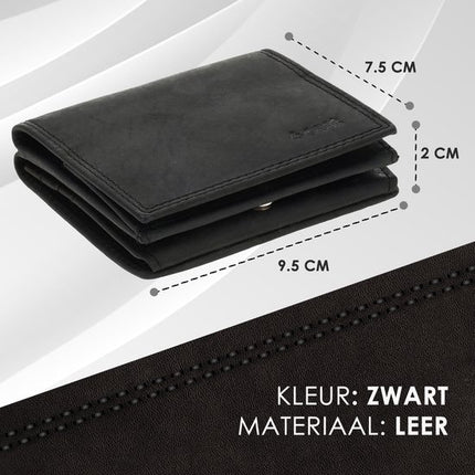  Leren Portemonnee Heren en Dames - Met Vierkant Muntvak en RFID Bescherming - Zwart - 9,5 x 7,5 cm - 6 Kaartvakken - 2 Biljetvakken