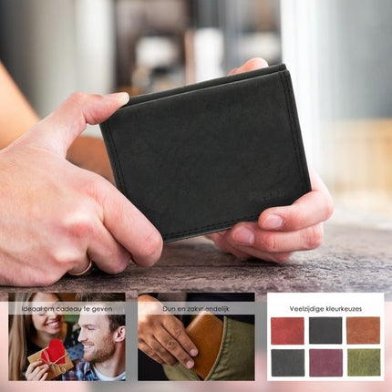  Leren Portemonnee Heren en Dames - Met Vierkant Muntvak en RFID Bescherming - Zwart - 9,5 x 7,5 cm - 6 Kaartvakken - 2 Biljetvakken