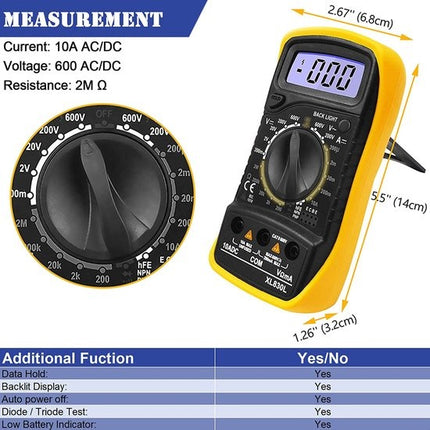 Digitale Multimeter - AC / DC - Incl. 9V Batterij, Klemtangen & Opberghoes - Multi Meter
