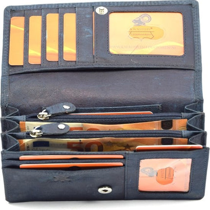 4East® Vintage Leren Dames Portemonnee | Navy | RFID |Stoer Leer Portemonnee Huishoud portemonnee | Dames | Harmonica portemonnee | buffelleer Portemonnee | Overslag portemonnee