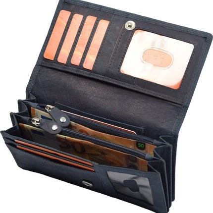 4East® Vintage Leren Dames Portemonnee | Navy | RFID |Stoer Leer Portemonnee Huishoud portemonnee | Dames | Harmonica portemonnee | buffelleer Portemonnee | Overslag portemonnee
