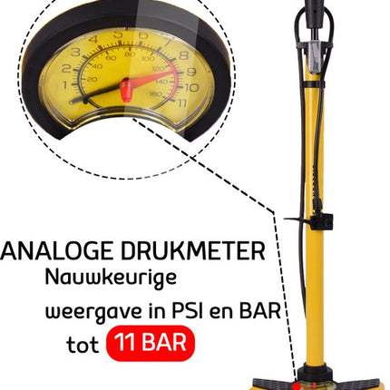 Fietspomp Goedkoop met Drukmeter – Vloerpomp voor Racefiets, Mountainbike en Stadsfiets – Universeel met Presta & Schrader Ventiel – 11 Bar