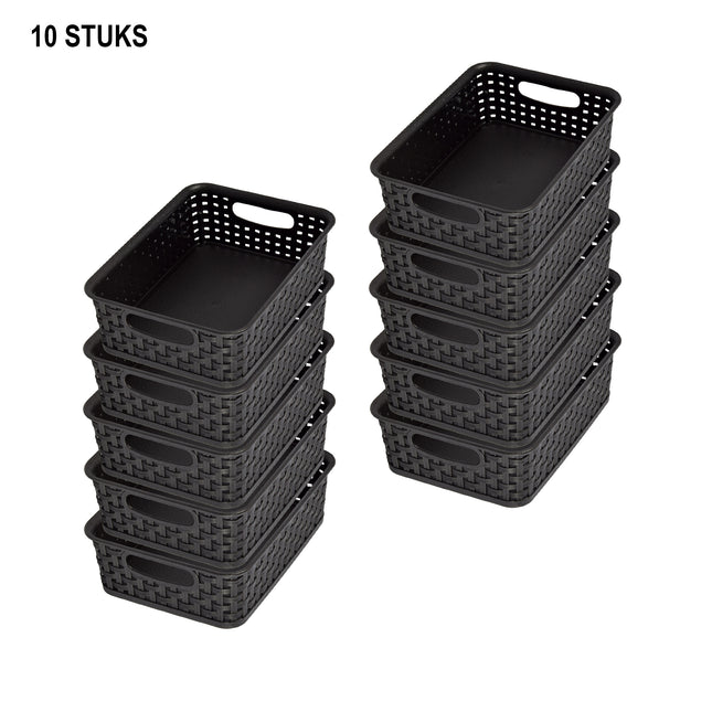 Opberg in Stijl: Set van 10 Zwarte Manden met Handvatten - 20cm x 15cm x 6cm
