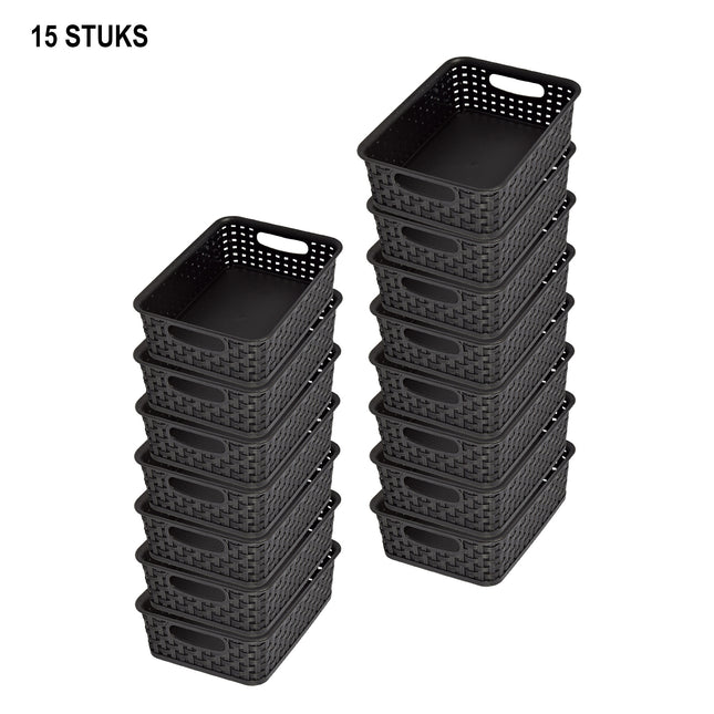 Bulkverpakking van 15 Zwarte Manden met Handvatten - 20cm x 15cm x 6cm - 750g - Praktische Opbergboxen