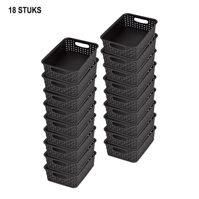 Duurzame Zwarte Opbergmanden met Handvatten - 20cm x 15cm x 6cm - 900g - 18 stuks