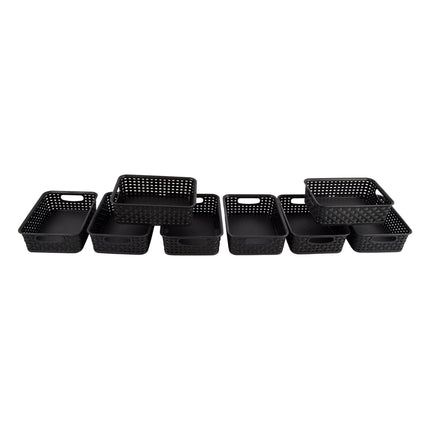 Set van 8 Zwarte Manden met Handvatten - Ruime Opslag - 20cm x 15cm x 6cm