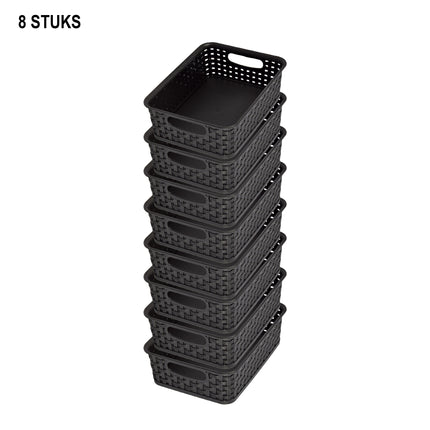 Set van 8 Zwarte Manden met Handvatten - Ruime Opslag - 20cm x 15cm x 6cm