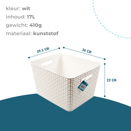 Witte Opbergbak 36cm x 29.5cm x22cm | 17L | Kunststof Opbergmand Zonder Deksel | Eenvoudige Opslag Betrouwbaar Gebruik | Ideaal voor Keuken, Badkamer, Speelgoed en Meer! 