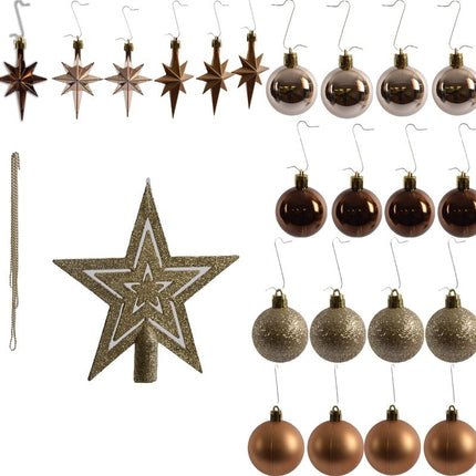 Compleet kerstboom met decoratie set | alles in één | Kerstboom 180 cm natuurlijke houten stam |Kerstverlichting 384 Led | 45 set kerstballen met piek Goud | met kerstbalhaakjes 50 stuks