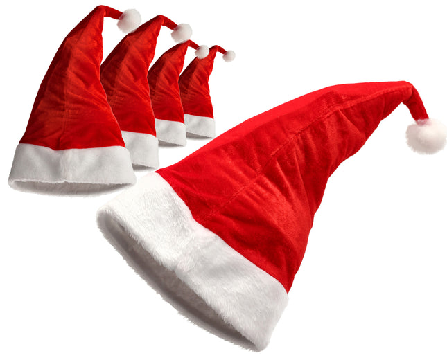 Set van 5 Luxe Kerstmutsen Unisex - Pluche Rood/Wit - 100% Polyester - Voor Kinderen & Volwassenen - Perfect voor Feestelijke Gelegenheden