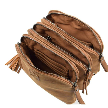 Bicky Bernard Schoudertas cognac - camel met 3 ritsen - tas - tassen - schoudertas dames - handtas - cognac-camel schoudertas - schoudertas meiden - 