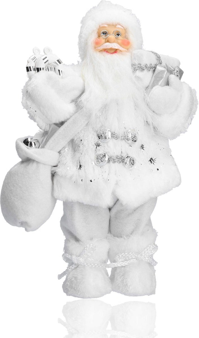 Vrolijk Kerstman tas vol cadeautjes | witte kerstman | Tafeldecoratie | winterdecoratie |Kerstpop figuur| van muts tot bodem 37cm