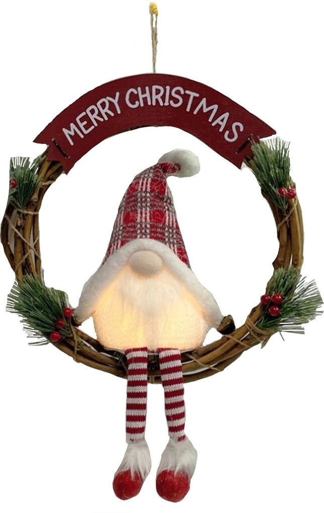 gnome pop op krans rood | 36x13x48cm | Kerstkrans | Met Led