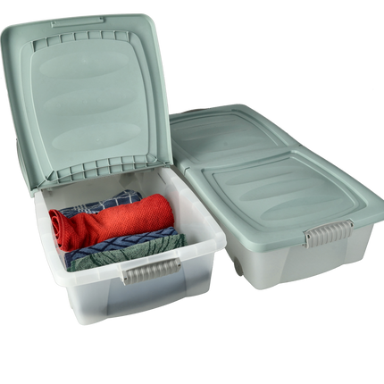 Onderbedbox Opbergbox 32L – Mintgroene Deksel met Wielen – Set van 2 - Transparante Opbergbox Onder Bed