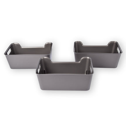 Stijlvolle Opbergmanden Van Grijs Plastic - Set Van 3 Stuks - Compact En Lichtgewicht - Inhoud Van 1 Liter - Afmetingen 17,5cm x 27cm x 11cm.
