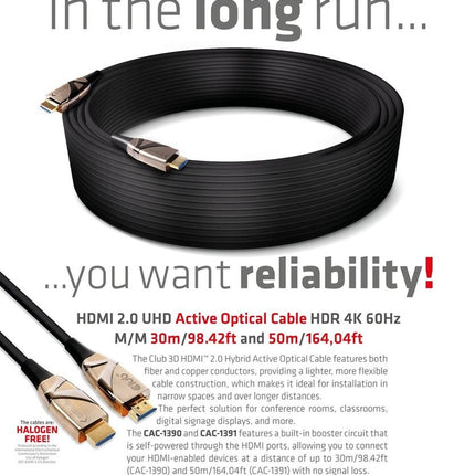 CLUB3D HDMI 2.0 UHD Active Optical Kabel HDR 4K 60Hz M/M 30 meter - club3D HDMI Aansluitkabel 30 meter Vlambestendig, High Speed HDMI Zwart [1x HDMI-stekker - 1x HDMI- Metaal aansluiting:Goud