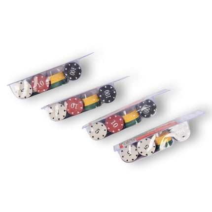 4x 48-delige Pokerchips - Pokerset | Pokeren, Casino | Plastic | Rood, Blauw, Zwart, Wit, Geel, Groen | 20.5cm x 6.5cm x 5cm | Aanbevolen vanaf 10 jaar 