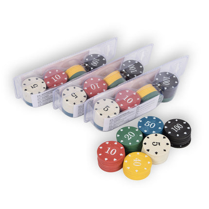 4x 48-delige Pokerchips - Pokerset | Pokeren, Casino | Plastic | Rood, Blauw, Zwart, Wit, Geel, Groen | 20.5cm x 6.5cm x 5cm | Aanbevolen vanaf 10 jaar 