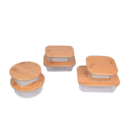 Glazen Vershoudbakjes Met Deksel | Set van 6 | Broodtrommel | Ideaal voor Lunch en Voedselopslag | Borosilicaatglas en Bamboo