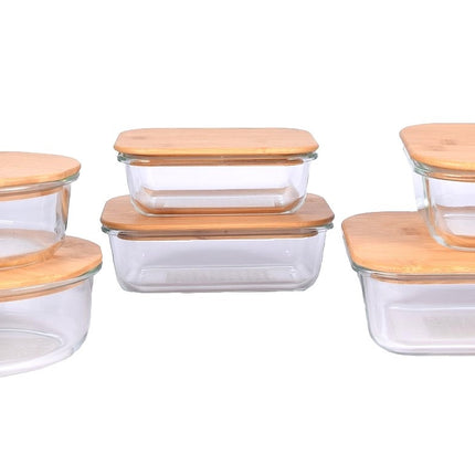 Glazen Vershoudbakjes Met Deksel | Set van 6 | Broodtrommel | Ideaal voor Lunch en Voedselopslag | Borosilicaatglas en Bamboo
