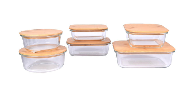 Glazen Vershoudbakjes Met Deksel | Set van 6 | Broodtrommel | Ideaal voor Lunch en Voedselopslag | Borosilicaatglas en Bamboo