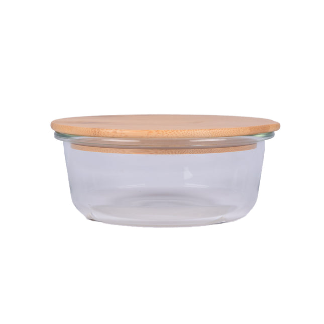 Transparante Saladekom met Deksel van Glas en Bamboe - Handig voor Vershoudbakjes - 15cmx6.50cm - 600 ml - Vaatwasser- en Magnetronbestendig