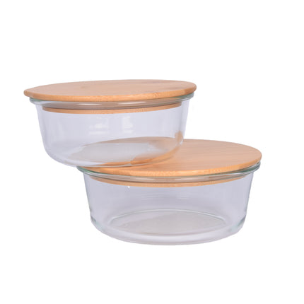 Transparante Saladekom met Deksel van Glas en Bamboe - Handig voor Vershoudbakjes - 15cmx6.50cm - 600 ml - Vaatwasser- en Magnetronbestendig