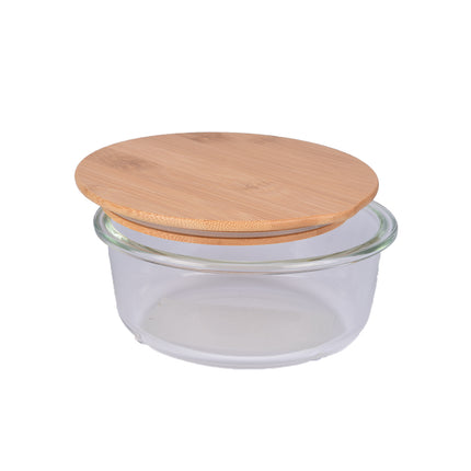 Transparante Saladekom met Deksel van Glas en Bamboe - Handig voor Vershoudbakjes - 15cmx6.50cm - 600 ml - Vaatwasser- en Magnetronbestendig
