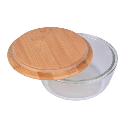 Transparante Saladekom met Deksel van Glas en Bamboe - Handig voor Vershoudbakjes - 15cmx6.50cm - 600 ml - Vaatwasser- en Magnetronbestendig
